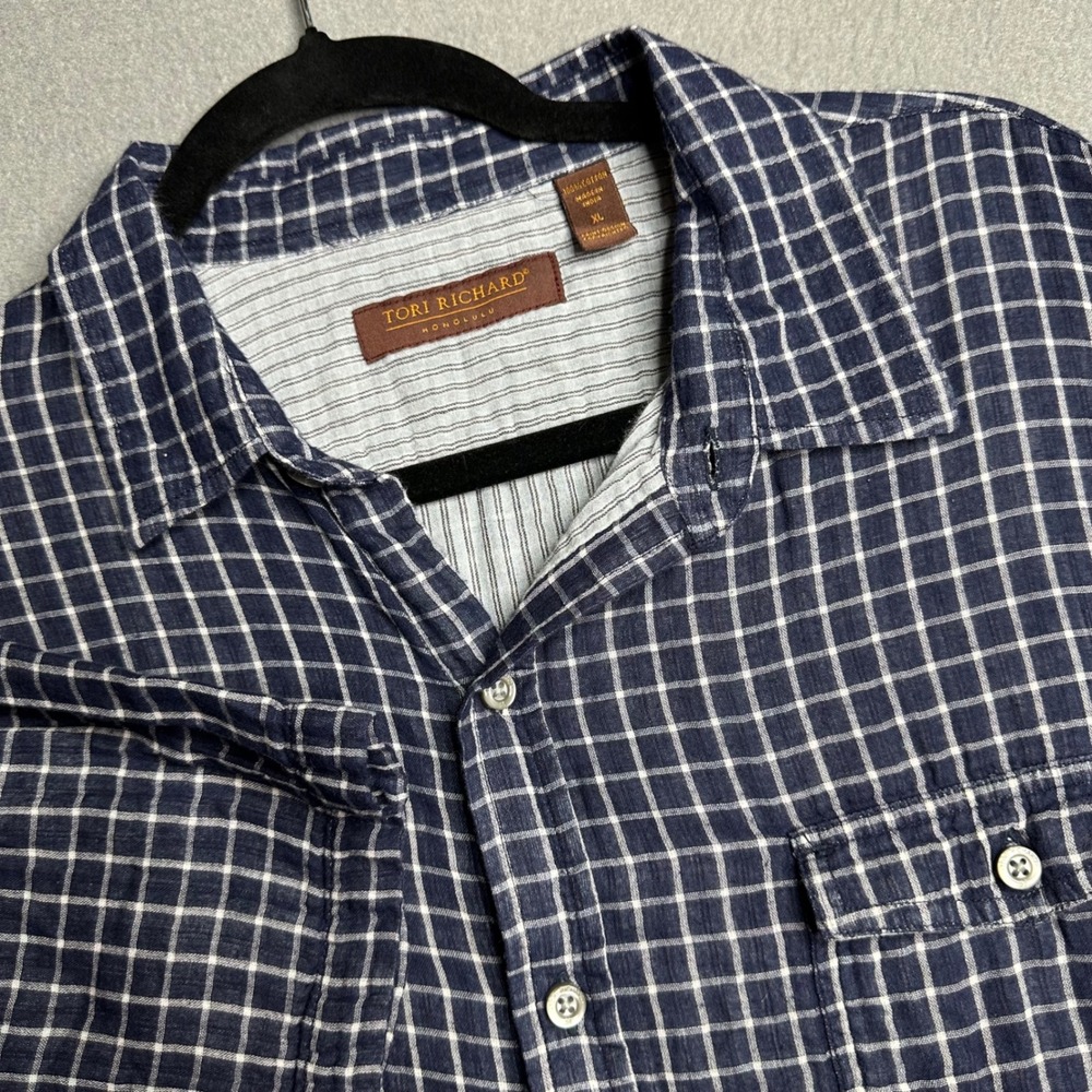 Tori Richard Honolulu Mens XL Plaid Short Sleeve Button‎ Up Shirt Navy White